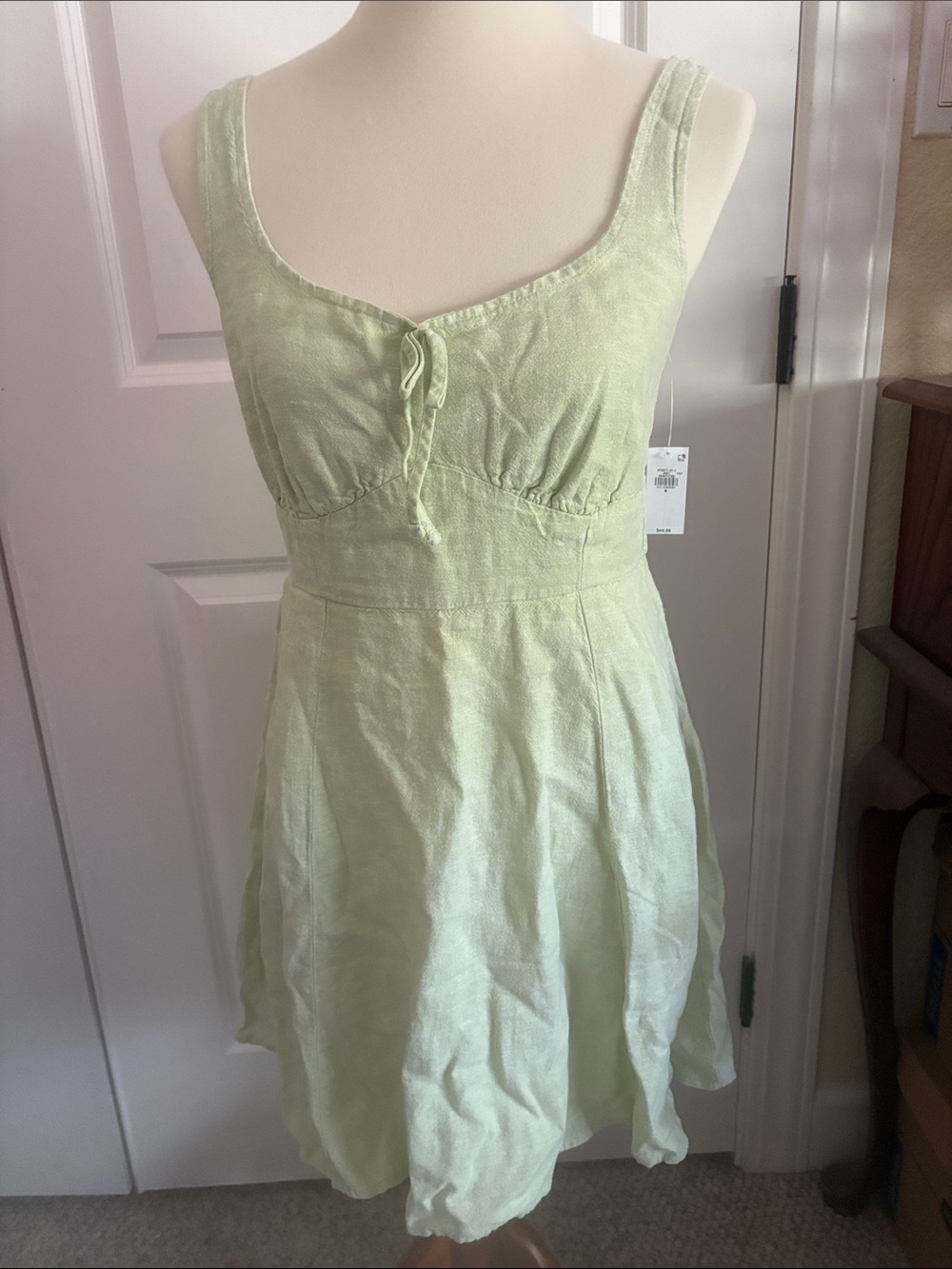 NWT Old Navy Light Green Sleeveless Linen Blend Summer Mini Dress with bow